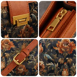 Vintage embroidered handbag women shoulder crossbody bag with retro floral design and hardware