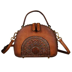 Retro Genuine Leather Handbag Vintage Top Handle Crossbody Bag Women Ethnic Style