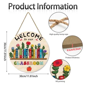 Houten welkomsthangbord voor klaslokaal met boeken en bloemen, diameter van 30 cm.