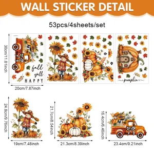 Set di adesivi per finestre autunnali con girasoli, spaventapasseri e zucche. Dettaglio.