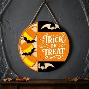 Halloween Holz Haendeschild, runde hohle Fledermaus Wanddekoration fuer Party und Heimdekoration.