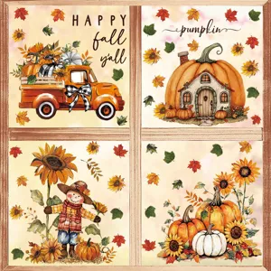 Adesivi per finestre autunnali con zucche, spaventapasseri e girasoli per decorazione.