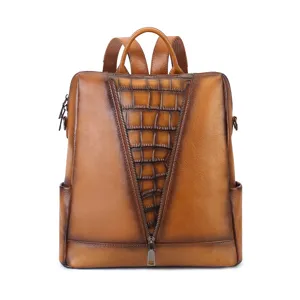 Women's Leather Backpack Casual Vintage Travel Daypack Large Capacity Shoulder Bag V-Zip