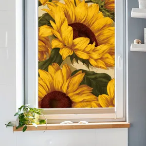 Sunflower window film detail showing vibrant floral static cling on glass surface.