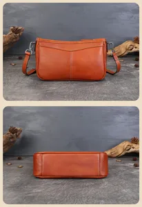 Sac baguette bandoulière en cuir vintage vue détaillée, sac rétro en cuir de vaches.