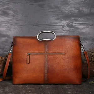 Vintage top layer cowhide leather women handbag retro style with metal handle main view display