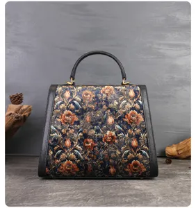 Vintage floral embroidered top handle handbag, genuine leather splicing women commuting bag.