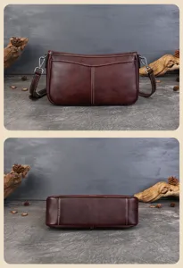 Vue détaillée du sac à bandoulière en cuir vintage montrant la face et le fond solide.