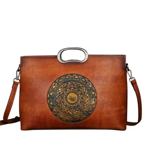 Vintage genuine leather women handbag top metal handle embossed mandala pattern large capacity bag