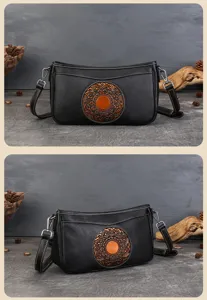 Sac à bandoulière rétro en cuir véritable avec motif mandala gaufré et finitions élégantes.
