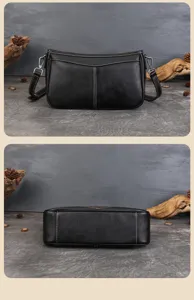 Sac à bandoulière en cuir noir style baguette rétro, vue de détail classique et élégante.