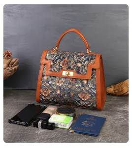Vintage floral embroidered leather spliced Kelly handbag, elegant commuting women shoulder bag.