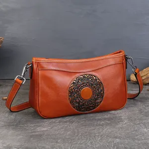 Sac à Bandoulière Vintage en Cuir de Vachette Première Couche pour Femmes Sac Sous les Bras Gaufré