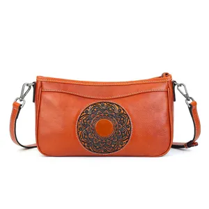 Sac baguette en cuir veritable gaufre vintage, sac a bandouliere orange retro chic