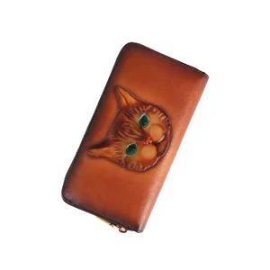 Vintage embossed cat leather long wallet, chic zipper clutch bag for women with multi card slots.