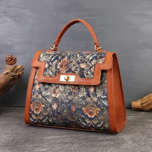 Women Vintage Floral Embroidered Handbag Genuine Leather Patchwork Top Handle Bag Elegant Commuter Kelly Bag