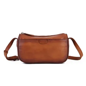 Vintage brown leather shoulder bag, minimalist underarm pillow purse for women daily use.
