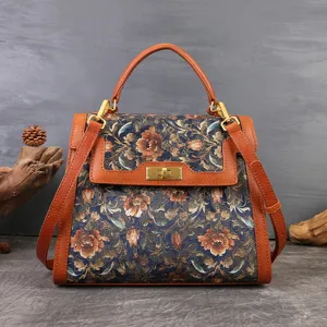 Vintage floral embroidery leather patchwork handbag elegant commuter shoulder crossbody Kelly bag