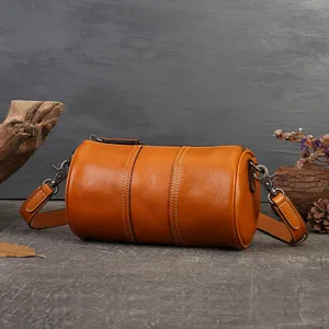 Women Retro Genuine Leather Crossbody Bag Casual Small Cylinder Pillow Bag Vintage Solid Color Fashion Shoulder Bag