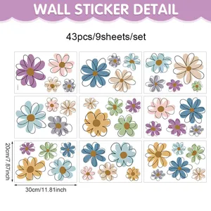 Set of 9 sheets daisy wall stickers, 43pcs pastel flower decals for room decor