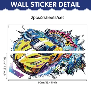 3D Unterwasser Rennauto Wandaufkleber, PVC selbstklebende Wandtattoos für Schlafzimmer.