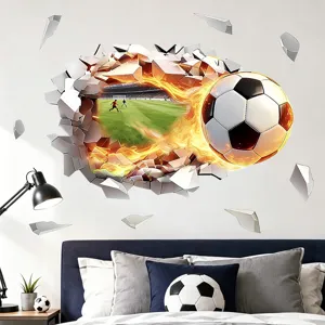 Adhesivo de pared de fútbol 3D con efecto de fuego, vinilo PVC para decoración infantil.