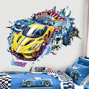 3D Gebrochene Wand Cartoon Rennwagen Unterwasserwelt PVC Wandaufkleber Jungen Schlafzimmer Wohnzimmer Wanddekoration