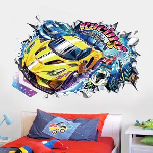 3D Loch Wandaufkleber Rennwagen Unterwasserwelt selbstklebende PVC Wandtattoo für Kinder