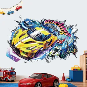 3D Unterwasserwelt Rennwagen Cartoon Wandtattoo Selbstklebend PVC Wandaufkleber Jungen Zimmer