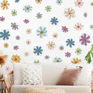 Bohemian style floral wall stickers colorful line daisy self-adhesive PVC decals for girls room