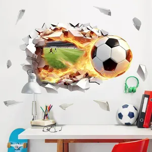 3D Pegatina de Pared de Fútbol Roto Llama Autoadesivo PVC Decoración de Pared Habitación