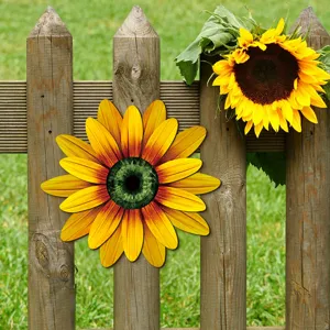 Closeup detail of creative wooden sunflower wall hanging with eye center for pastoral decor.
