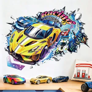 3D Wandtattoo Rennauto Unterwasserwelt, PVC Aufkleber Jungenzimmer Dekoration Wandaufkleber.