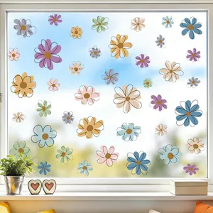Bohemian floral window sticker detail showing multicolored line daisy stickers on glass surface.