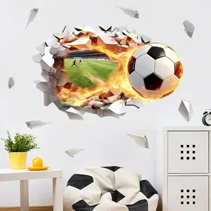 Vista detallada del adhesivo de pared 3D de fútbol con efecto de fuego en pared blanca.