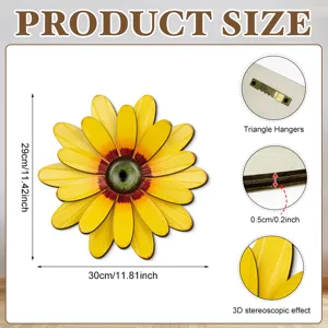 Sunflower wooden wall hanging detail showing 3D stereoscopic effect and size 30cm.
