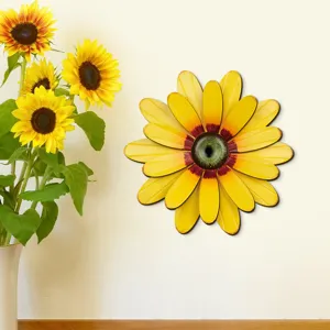 Metal wooden sunflower wall hanging art detail for living room and bedroom rustic decor.