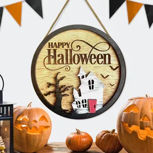 Halloween wooden hanging sign with haunted house and dead tree design for holiday wall decor.