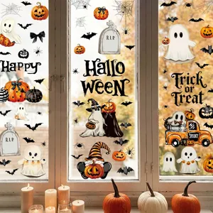 Gedetailleerd overzicht van Halloween-raamstickers met schattige geestjes en pompoenen.