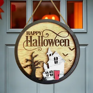 Halloween wooden hanging sign with haunted house and dead tree for festival wall decor.