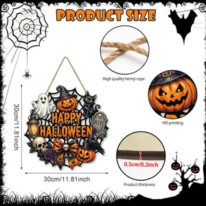 Targhetta appesa in legno di Halloween con zucca gatto nero, placca da parete festiva 30cm.