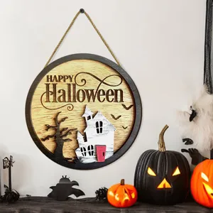 Wooden Halloween hanging sign featuring haunted house design for festive party wall decor.