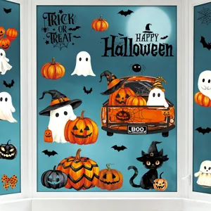 Detailopname van Halloween raamstickers met schattige spookjes en pompoenen erop.