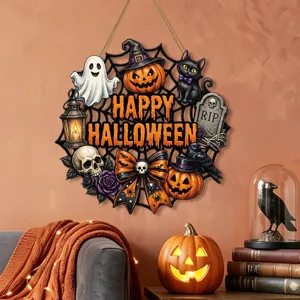 Cartello sospeso in legno di Halloween, decorazione murale rotonda con zucca e gatto nero.
