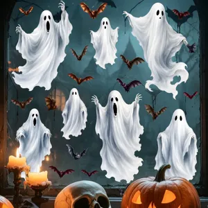 Halloween Fensteraufkleber Detail mit gruseligen weißen Geistern und Fledermäusen Party.