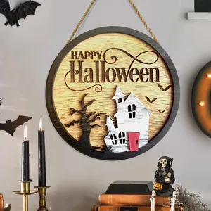 Halloween Wooden Sign Haunted House Withered Tree Wall Hanging Round Wood Art Happy Halloween Party Wall Decor Plaque