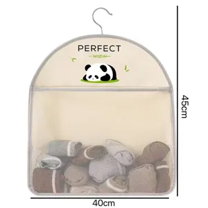 Hanging mesh storage bag with panda print and hooks, versatile closet organizer 45x40cm