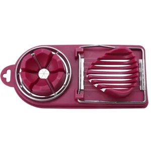 Multi-functional egg slicer with stainless steel wires and durable plastic base for kitchen use.