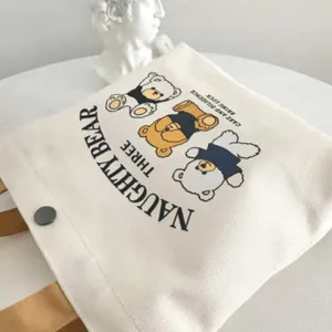 Small cartoon bear canvas tote bag versatile handbag simple cute bento lunch bag for daily use