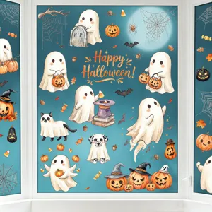 Αυτοκόλλητα παραθύρων Halloween με φαντάσματα κολοκύθες και νυχτερίδες για γιορτινή διακόσμηση.